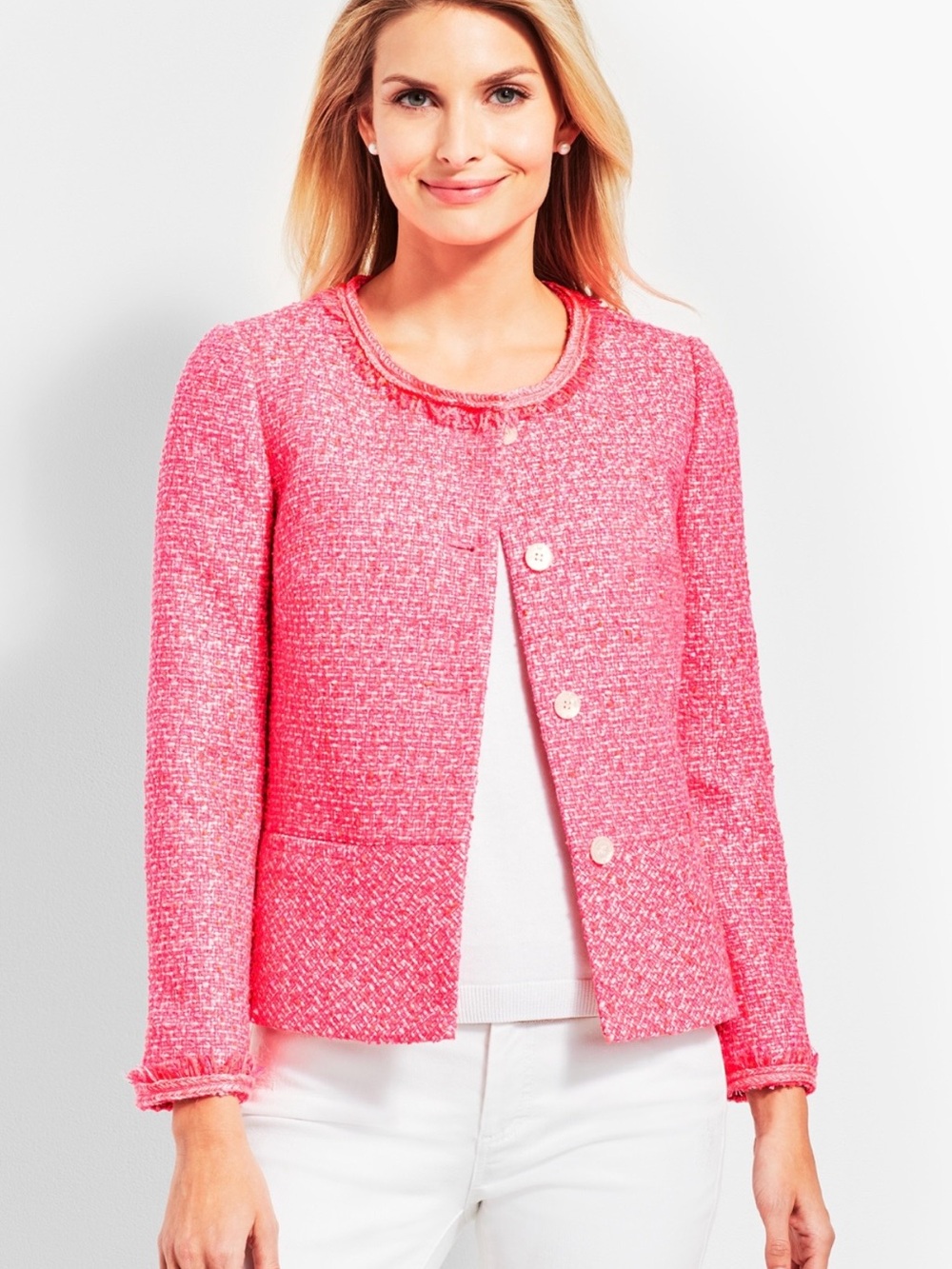 Talbots Tweed Brilliant Pink Peplum Button-Front Jacket Blazer Size 4P